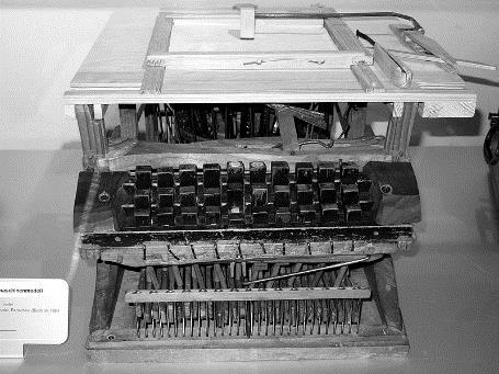 A typewriter from about 1820. https://en.wikipedia.org/wiki/File:1864_Schreibmaschine_Peter_Mitterhofer.jpg