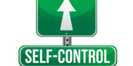 A green road sign with the words self-control on it and an arrow pointing straight