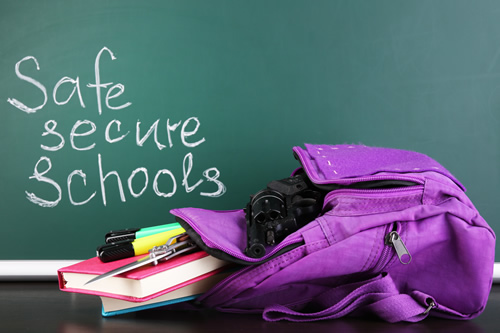 a purple backpack, school books, and the words "safe secure schools"