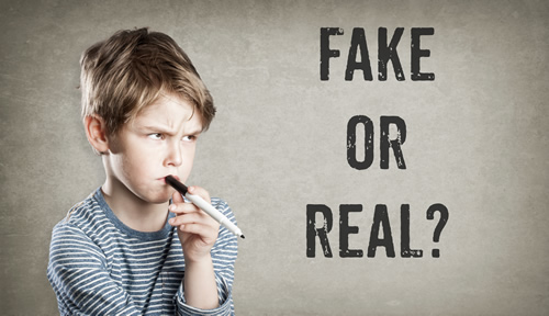 a little boy with a questioning look and the words "Fake or Real?"