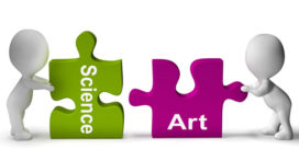 Two figures push together puzzle pieces labeled "science" and "art" to demonstrate STEAM education.