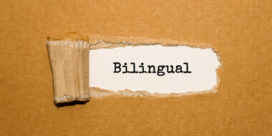 A piece of brown paper torn to reveal the word bilingual, biliteracy.